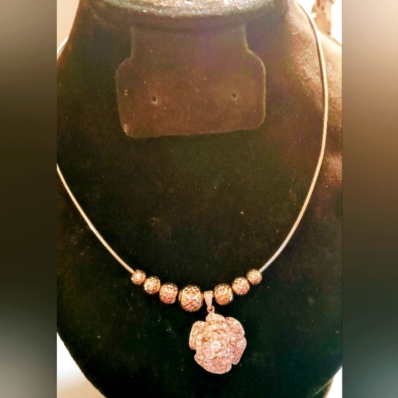 Sterling Silver Big Silver Rose charm design  Chocker Snake design Necklace. - Picture 2 of 6